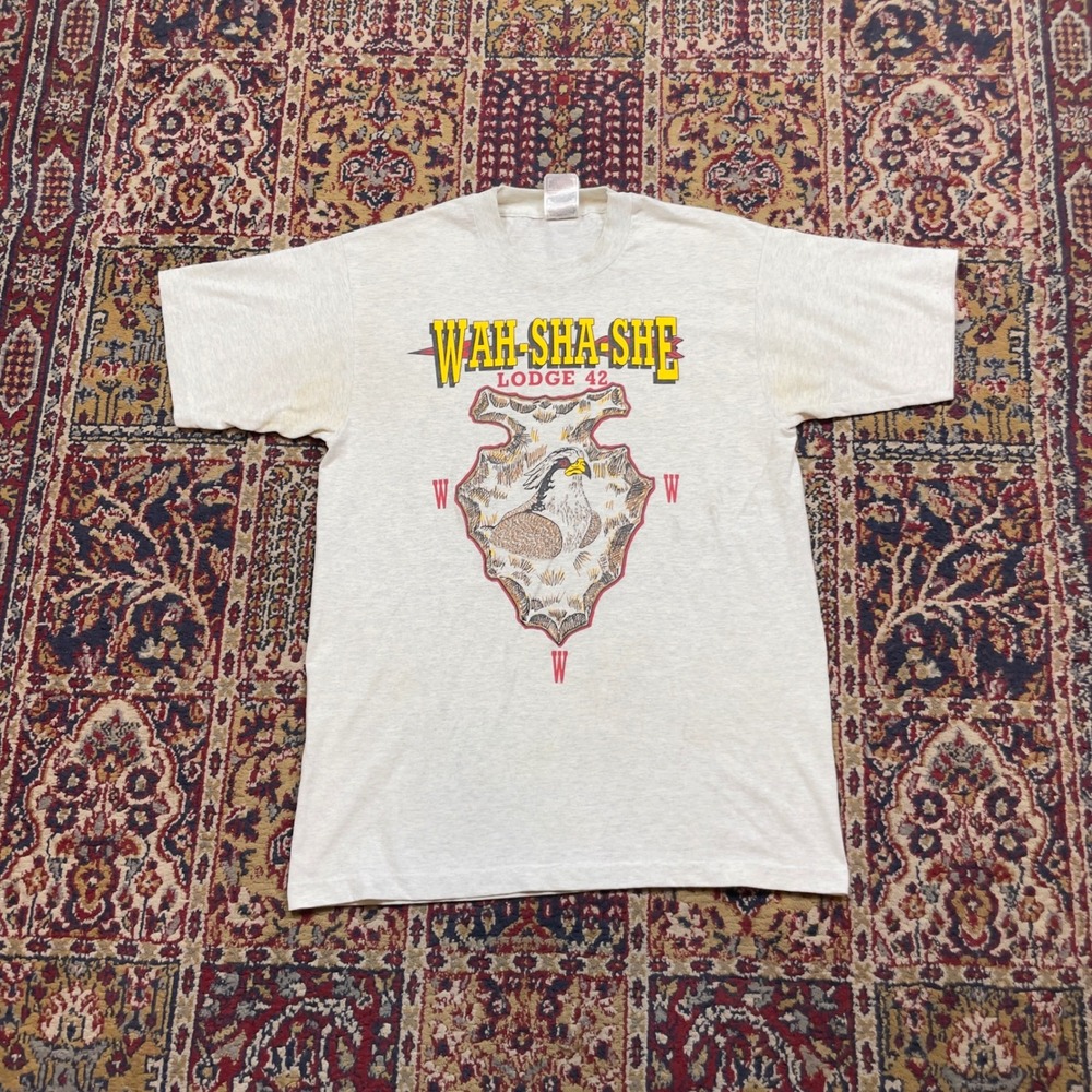 VTG 90s Wah-Sha-She Lodge 42 Arrowhead T Shirt Fruit of the Loom Heather Gray M